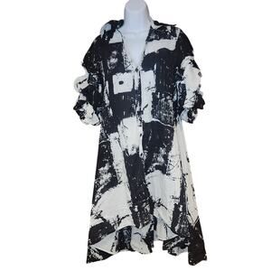 Step In Style Black And White Abstract Puff/ruffled Sleeve Hi-low Dress Sz S